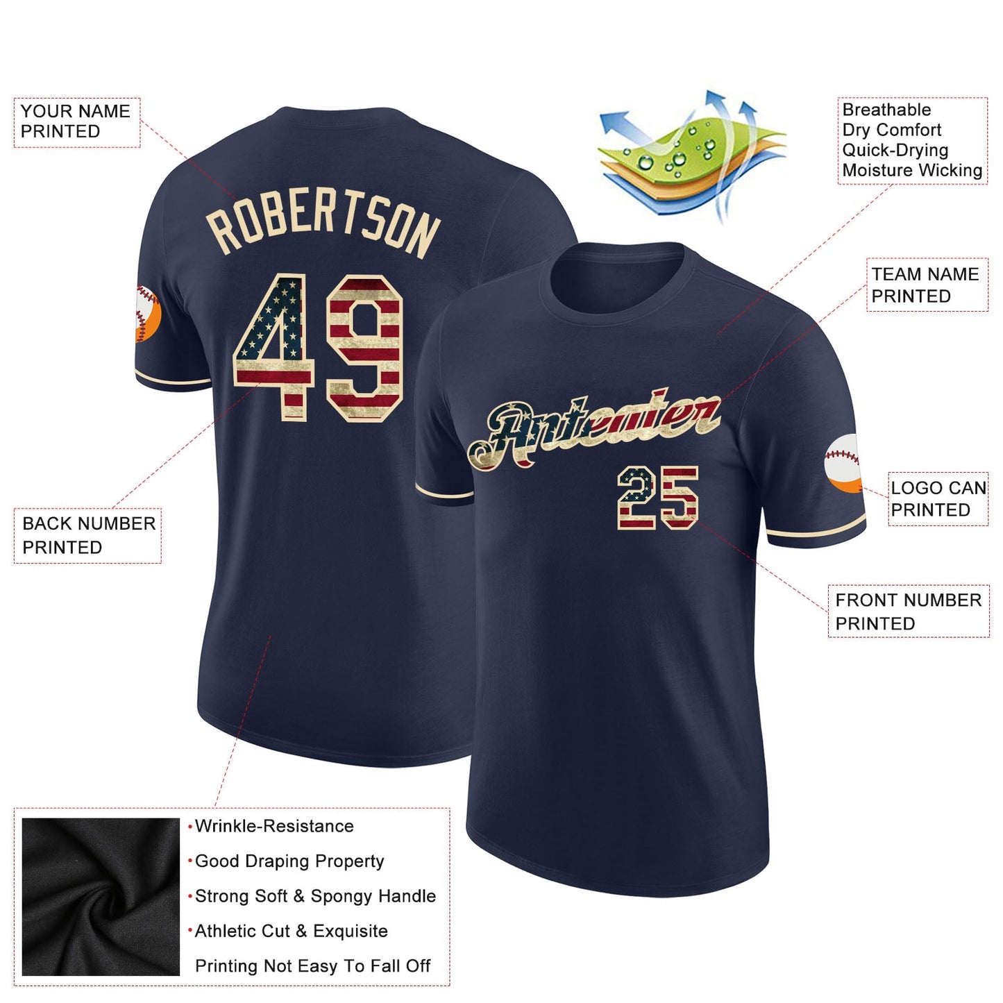 Custom Navy Vintage USA Flag-Cream Performance T-Shirt view 2