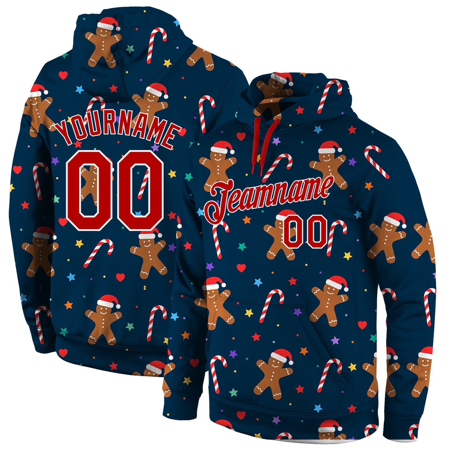 Custom Stitched Navy Red-White Christmas 3D Sports Pullover Sweatshirt Hoodie - Main View