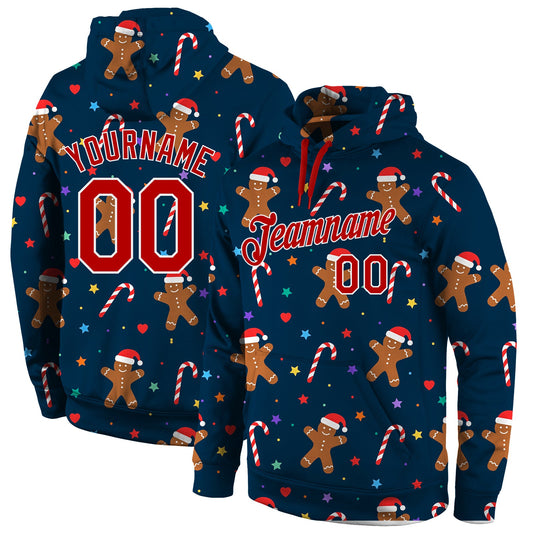 Custom Stitched Navy Red-White Christmas 3D Sports Pullover Sweatshirt Hoodie - Main View