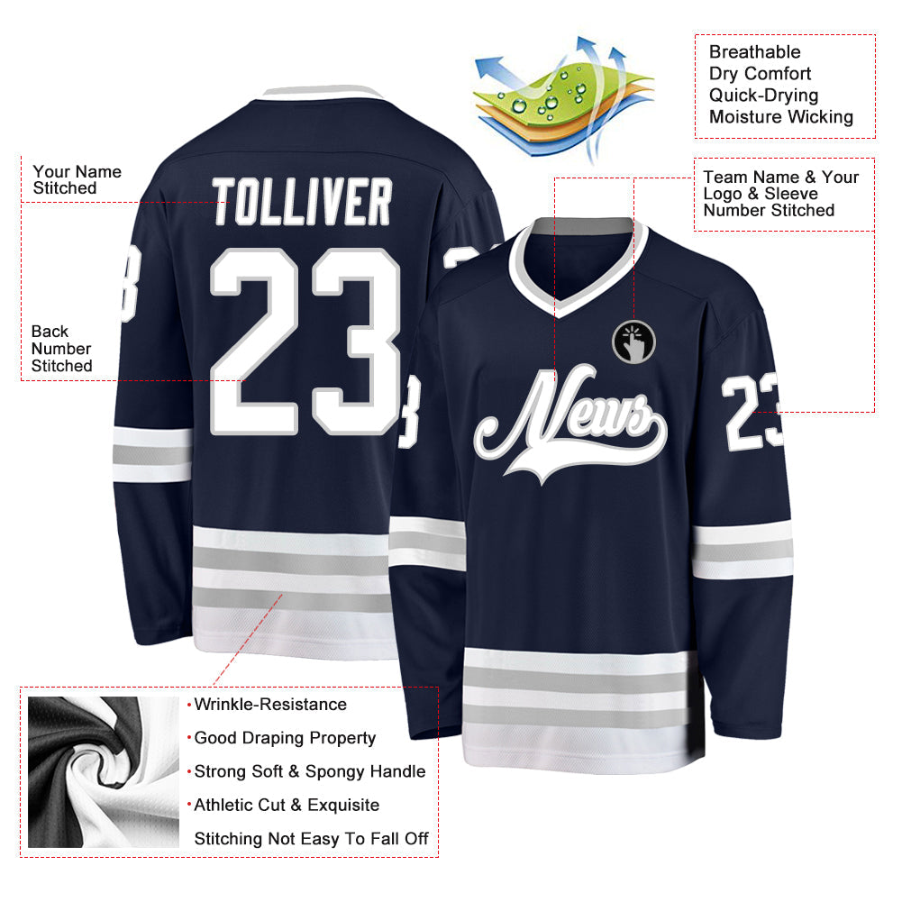 Custom Navy White-Gray Hockey Jersey view 2