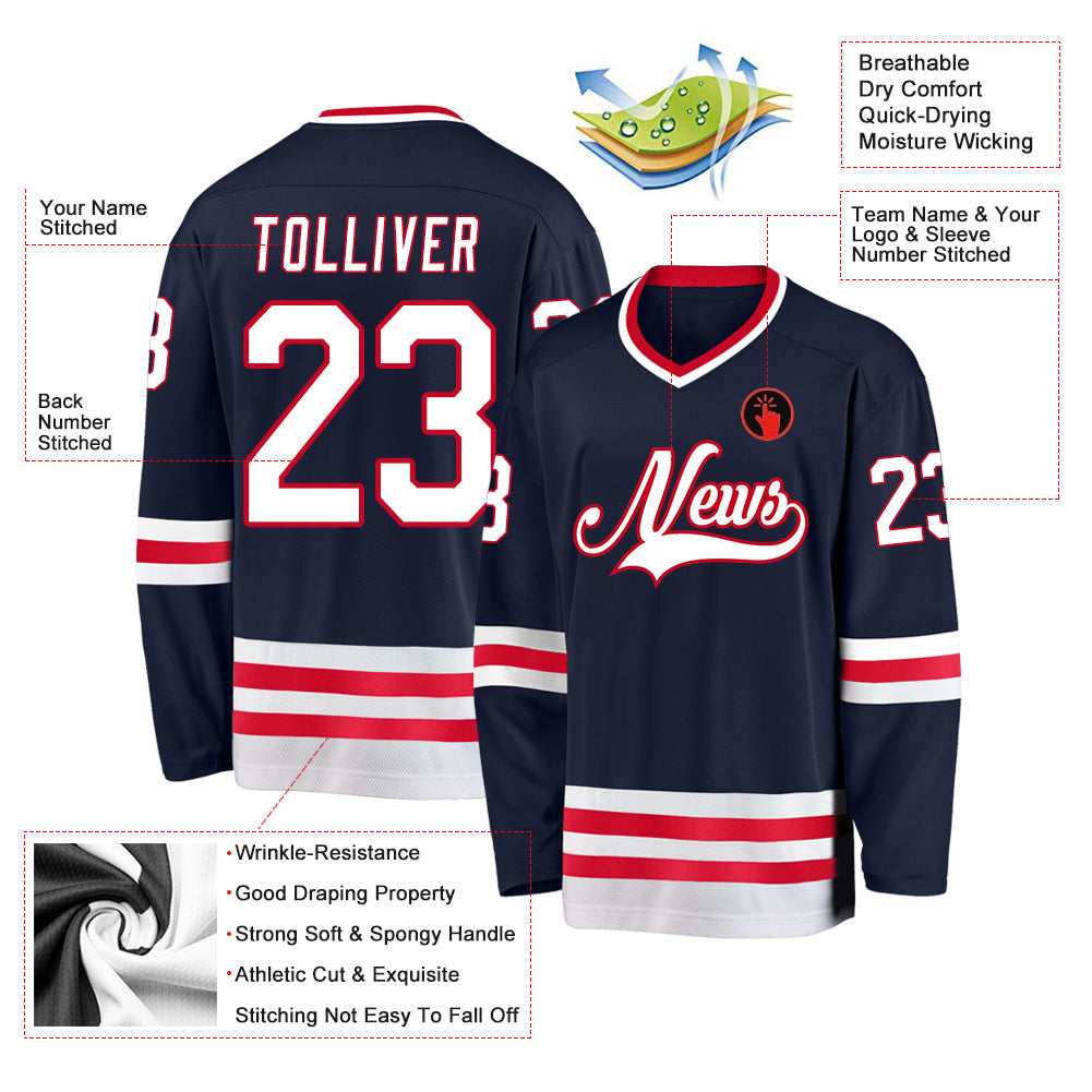 Custom Navy White-Red Hockey Jersey view 2