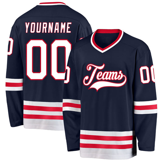 Custom Navy White-Red Hockey Jersey - Main View