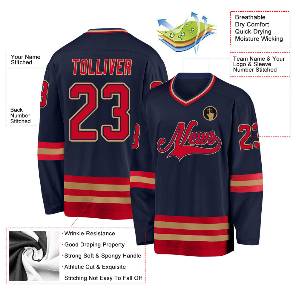 Custom Navy Red-Old Gold Hockey Jersey view 2