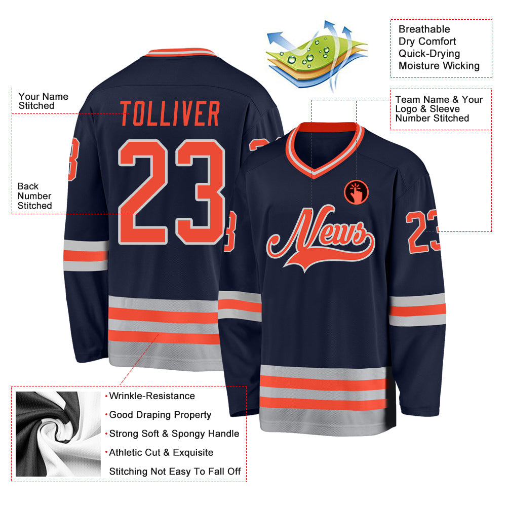 Custom Navy Orange-Gray Hockey Jersey view 2