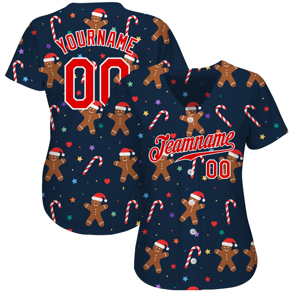Custom Navy Red-White Christmas 3D Authentic Baseball Jersey view 2