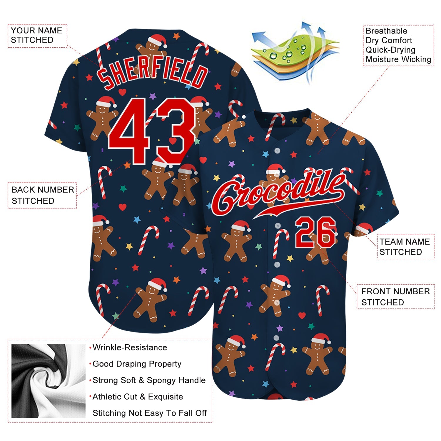 Custom Navy Red-White Christmas 3D Authentic Baseball Jersey view 3