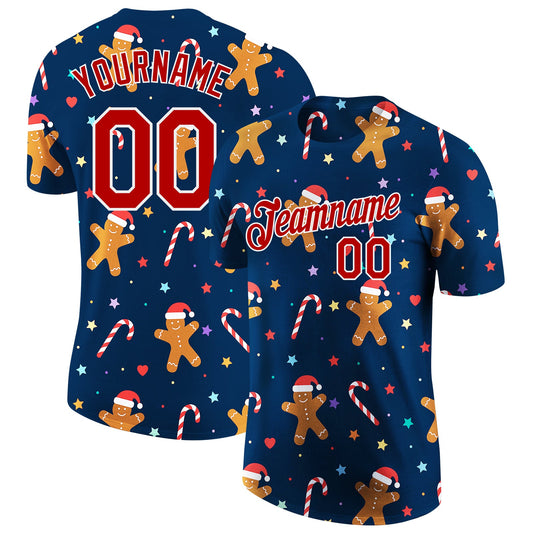 Custom Navy Red-White Christmas 3D Performance T-Shirt - Main View