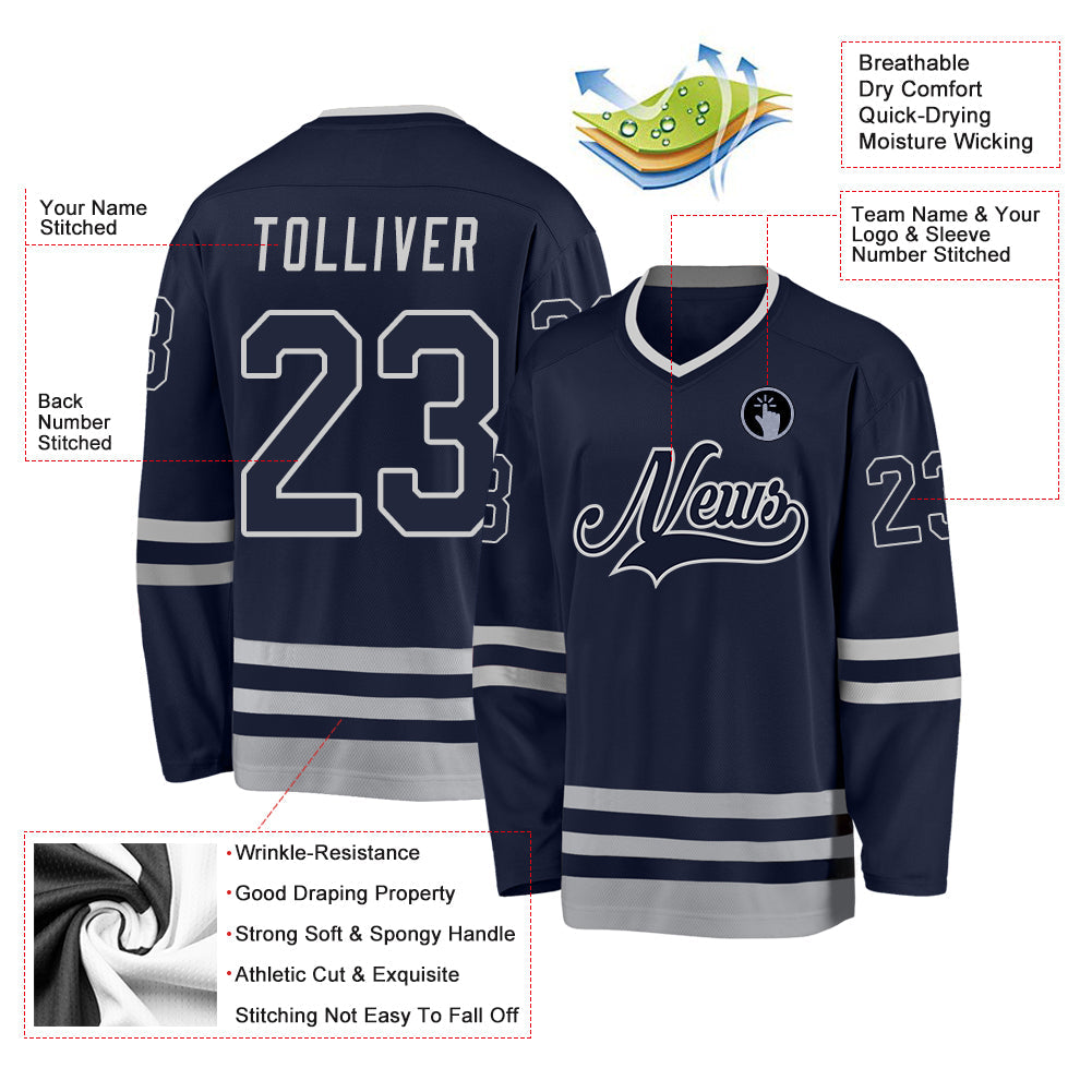 Custom Navy Navy-Gray Hockey Jersey view 2