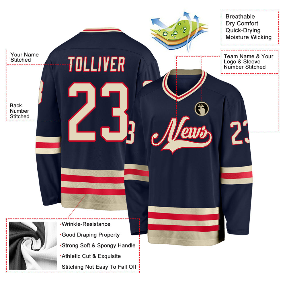Custom Navy Cream-Red Hockey Jersey view 2