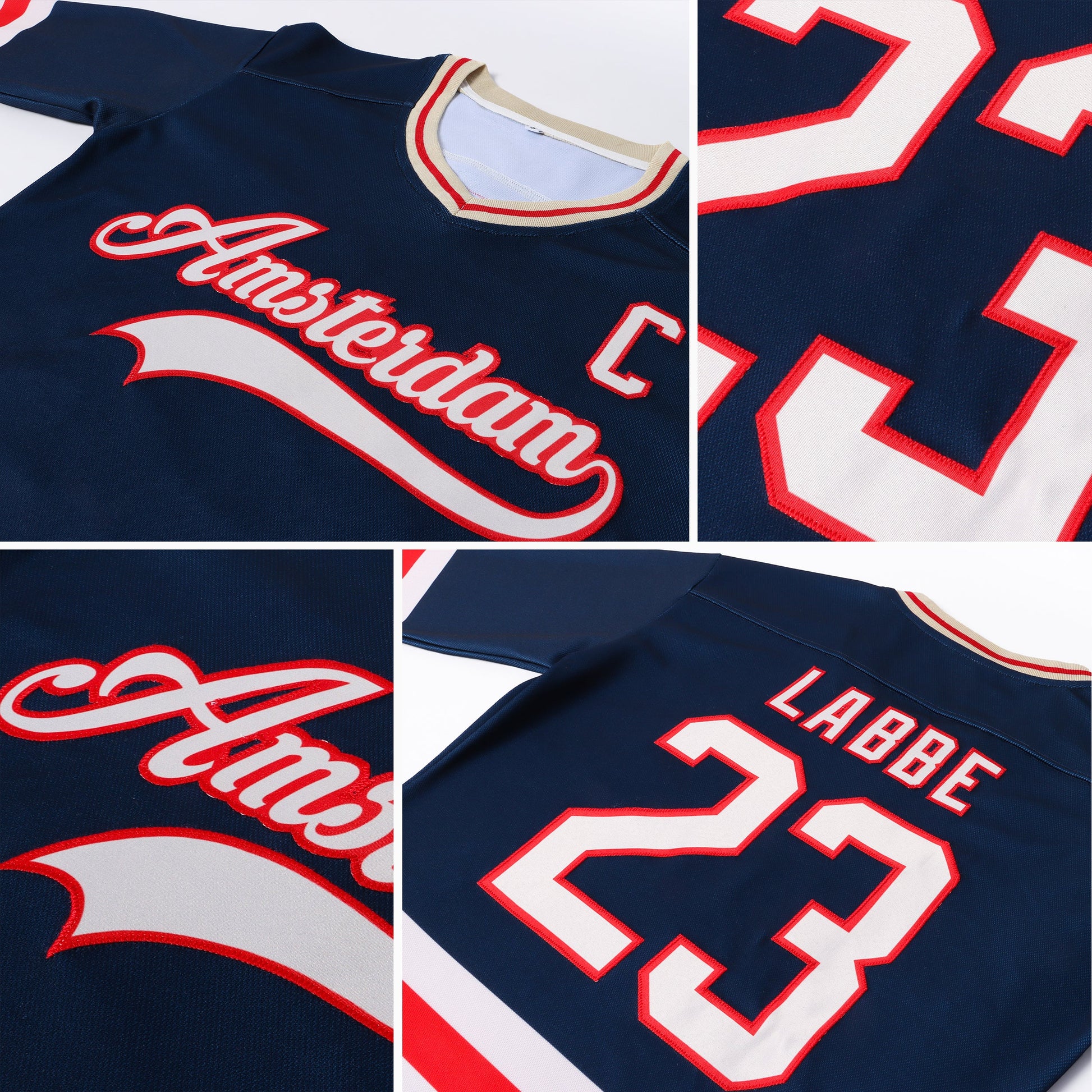 Custom Navy Cream-Red Hockey Jersey view 5