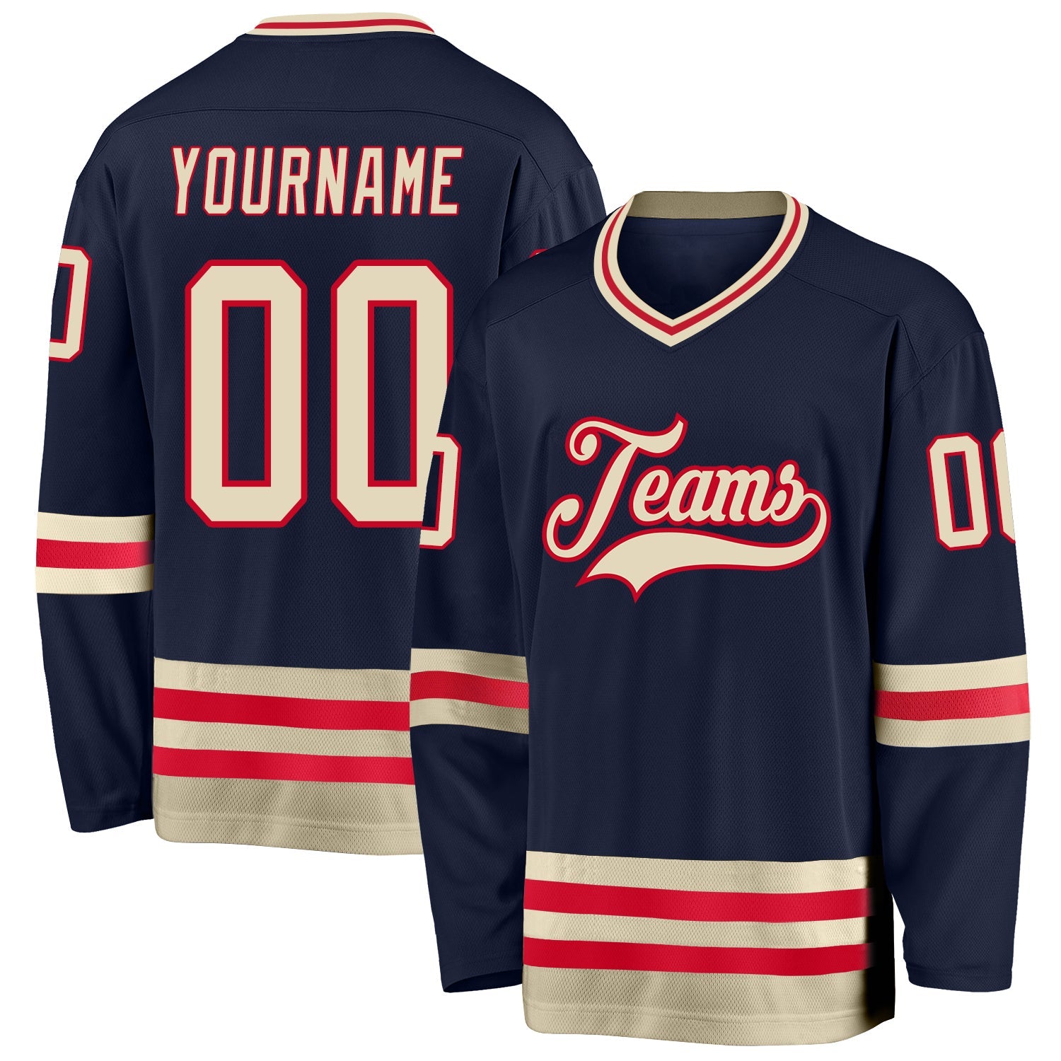 Custom Navy Cream-Red Hockey Jersey - Main View