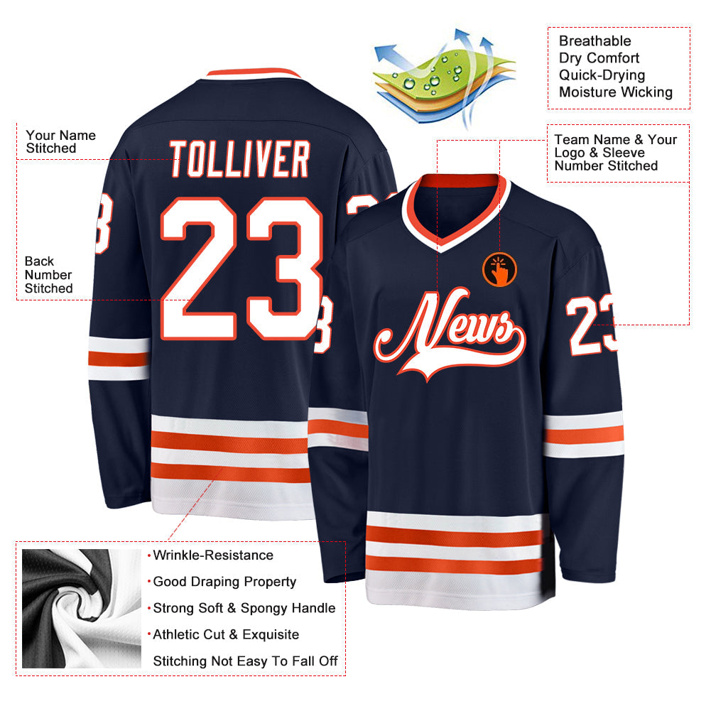 Custom Navy White-Orange Hockey Jersey view 2