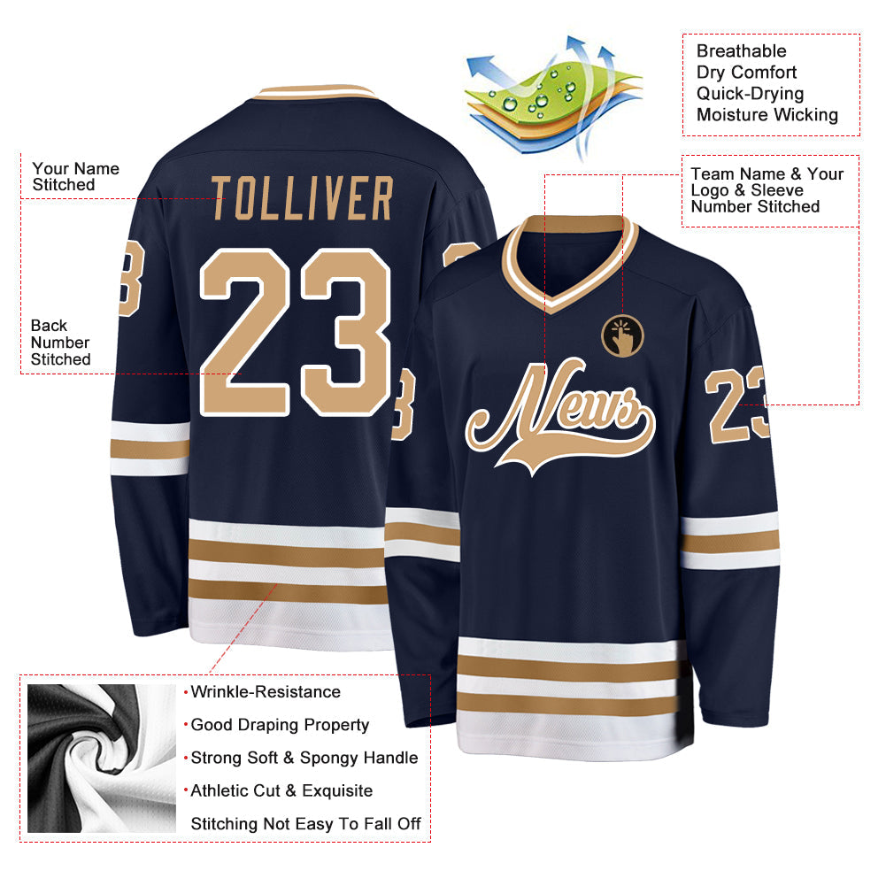 Custom Navy Old Gold-White Hockey Jersey view 3