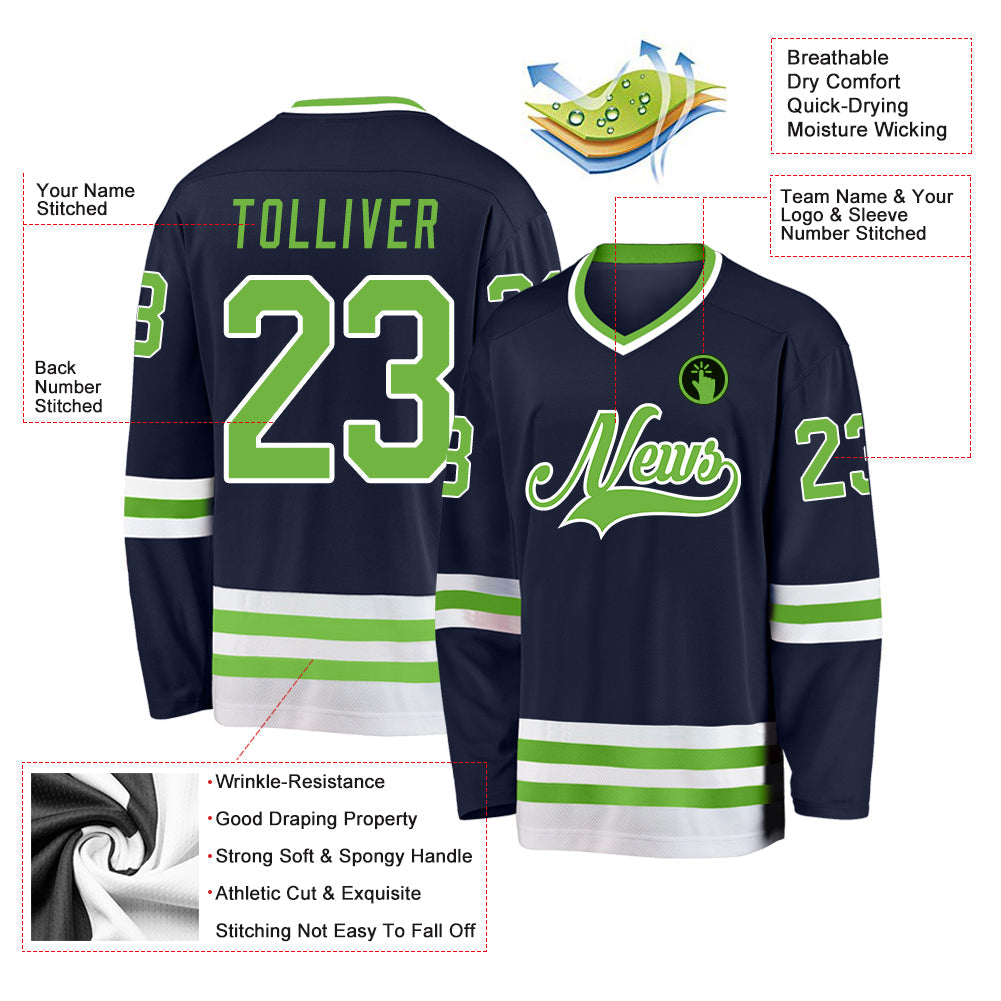 Custom Navy Neon Green-White Hockey Jersey view 2