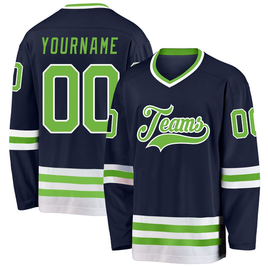 Custom Navy Neon Green-White Hockey Jersey - Main View