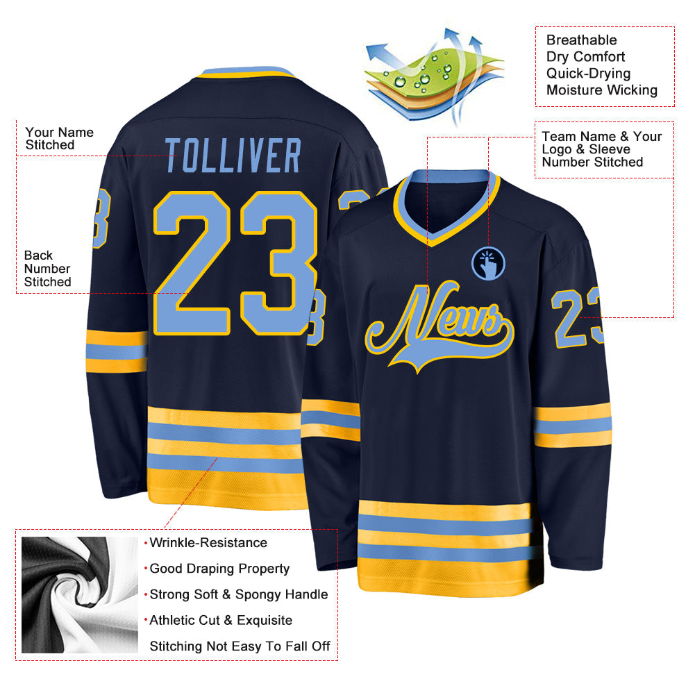 Custom Navy Light Blue-Gold Hockey Jersey view 2