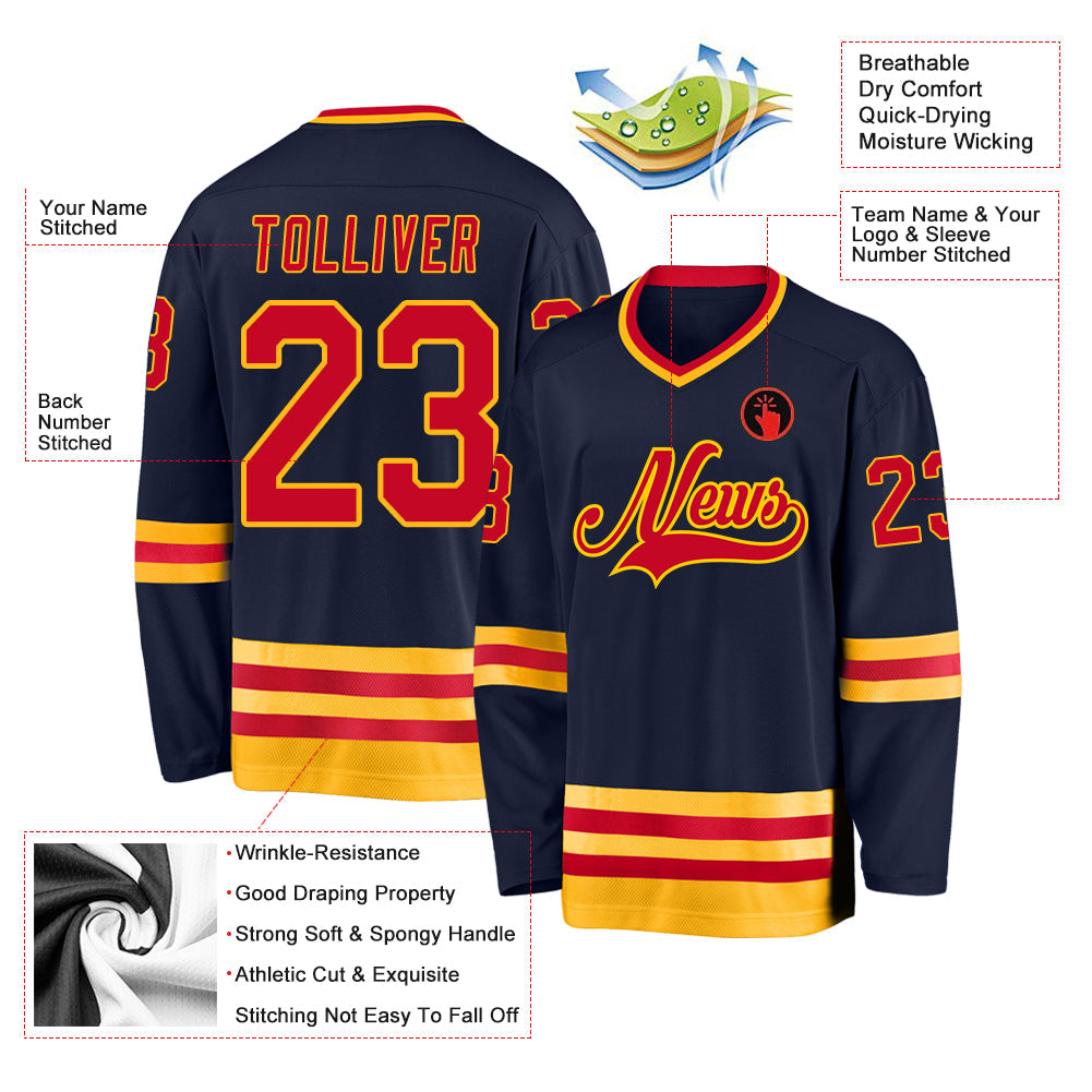 Custom Navy Red-Gold Hockey Jersey view 2