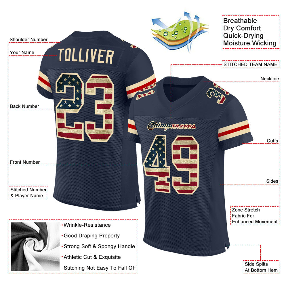 Custom Navy Vintage USA Flag-Cream Mesh Authentic Football Jersey view 2