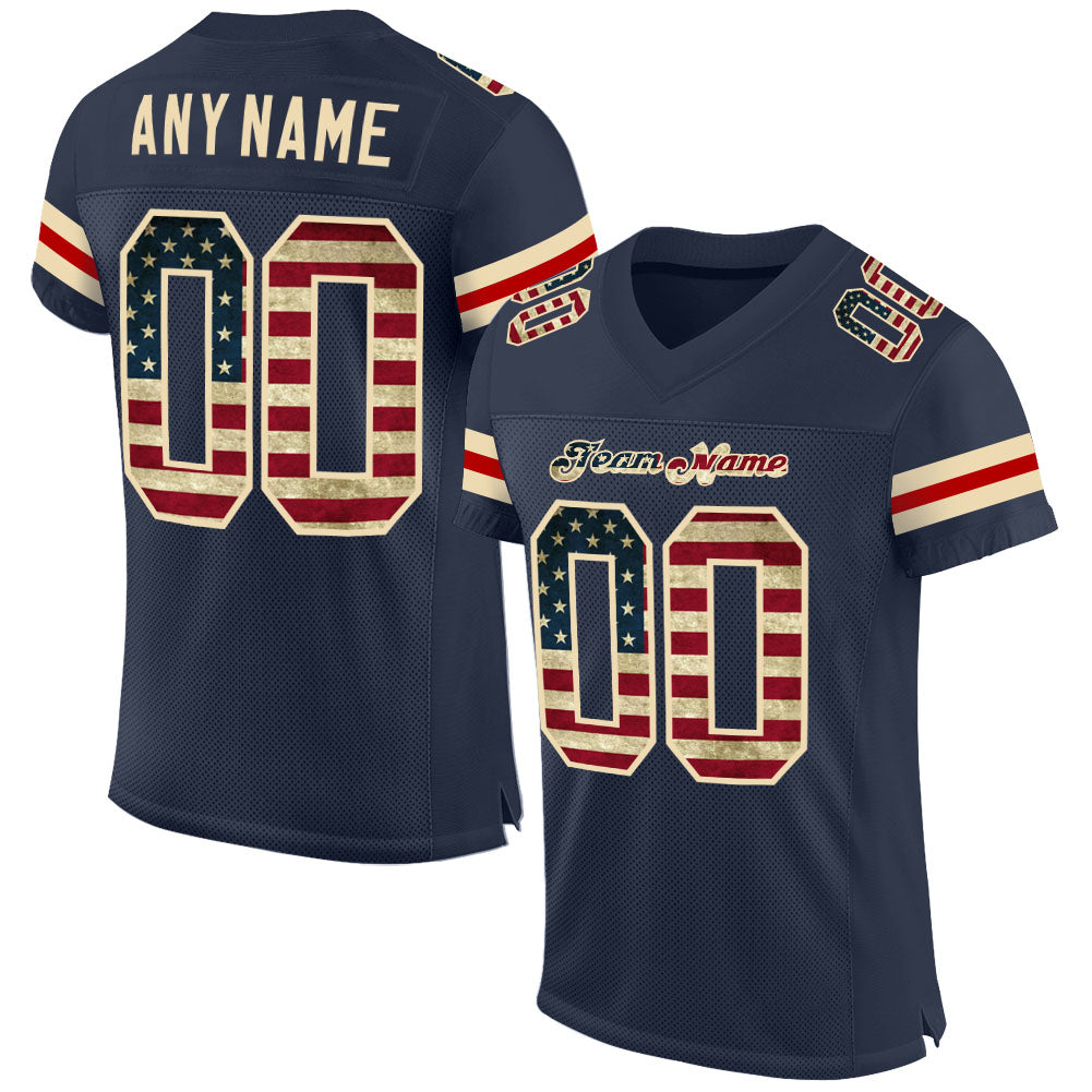 Custom Navy Vintage USA Flag-Cream Mesh Authentic Football Jersey - Main View
