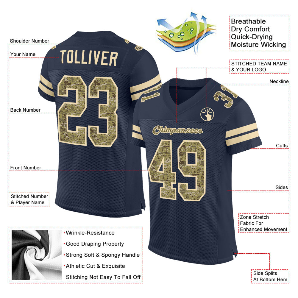 Custom Navy Camo-Cream Mesh Authentic Football Jersey view 2
