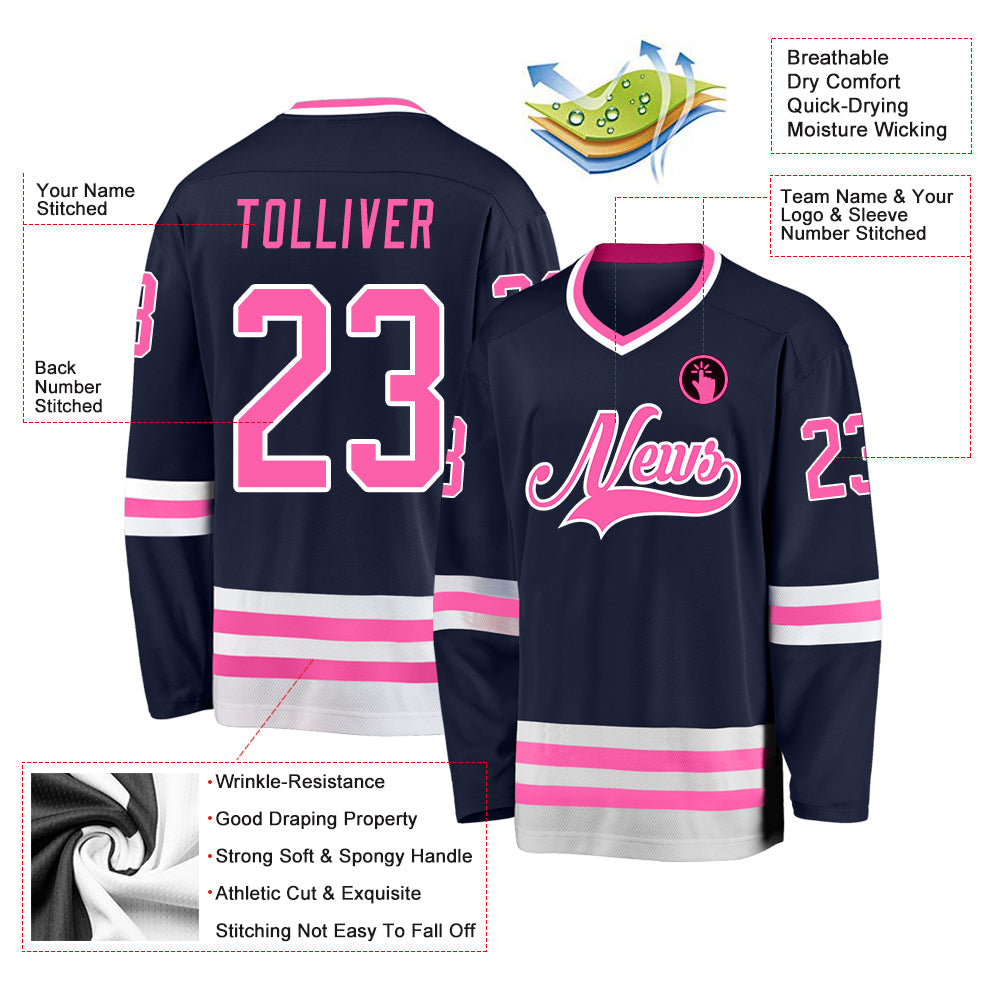 Custom Navy Pink-White Hockey Jersey view 2