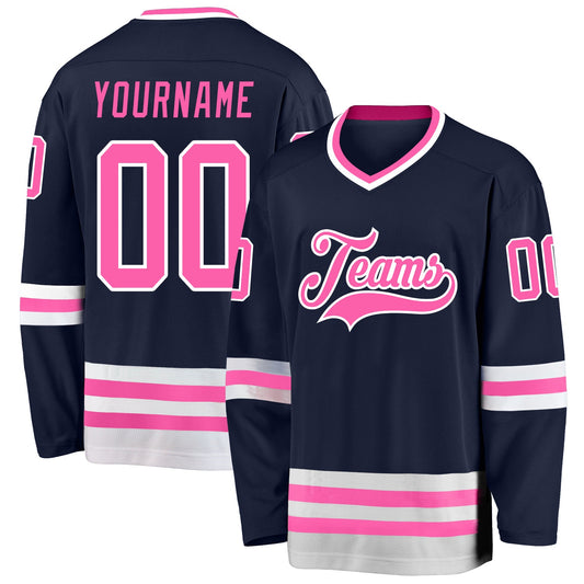 Custom Navy Pink-White Hockey Jersey - Main View