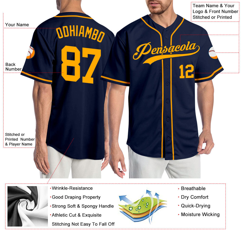 Custom Navy Gold Authentic Baseball Jersey view 3