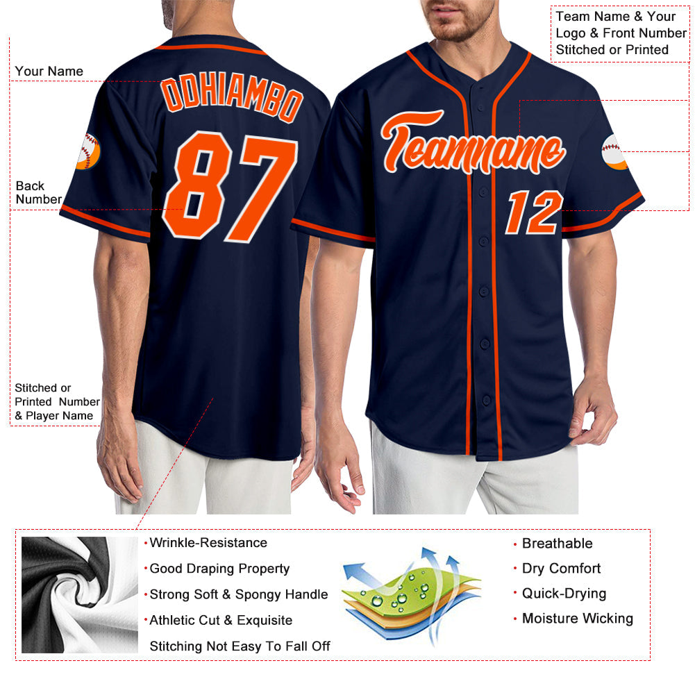 Custom Navy Orange-White Authentic Baseball Jersey view 3