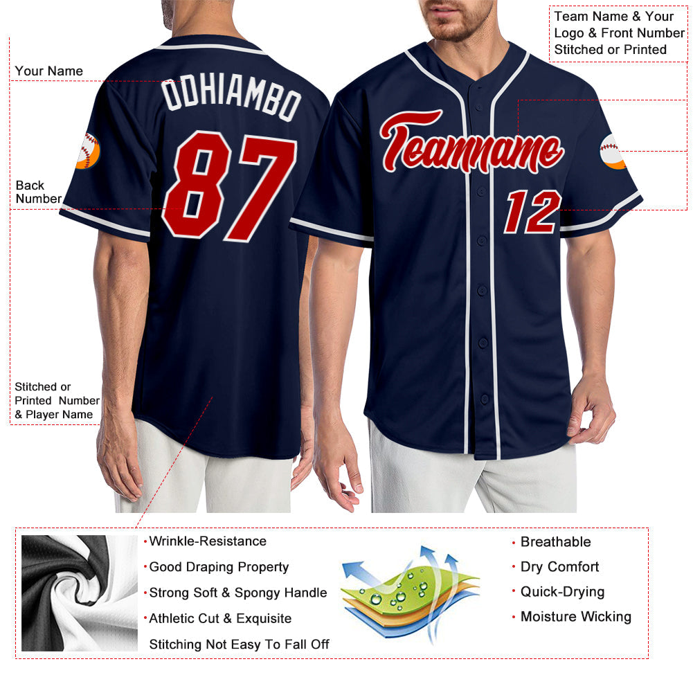Custom Navy Red-White Authentic Baseball Jersey view 3