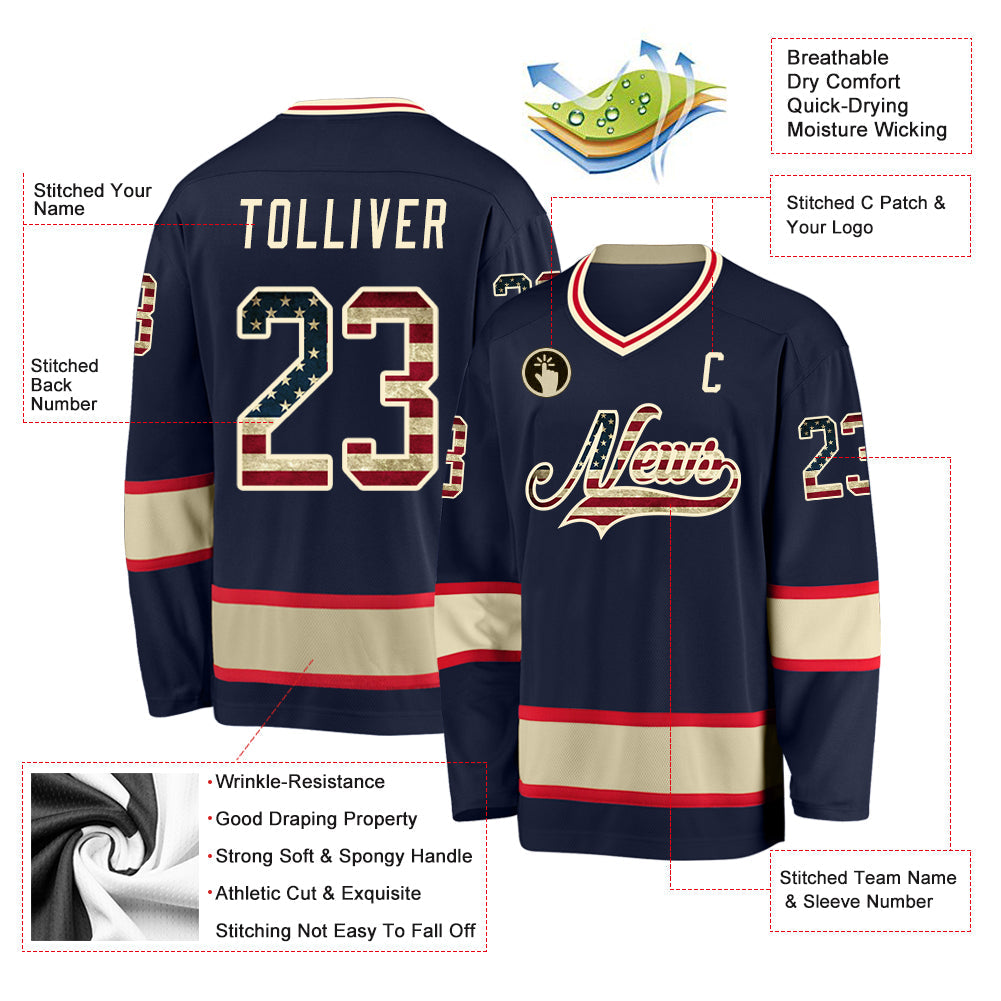 Custom Navy Vintage USA Flag-Cream Hockey Jersey view 2
