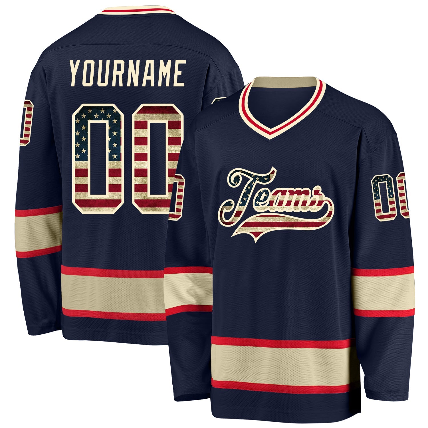 Custom Navy Vintage USA Flag-Cream Hockey Jersey - Main View