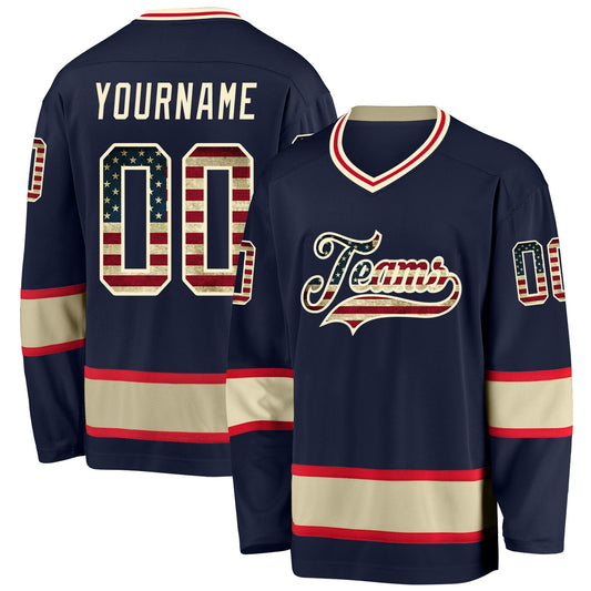 Custom Navy Vintage USA Flag-Cream Hockey Jersey - Main View