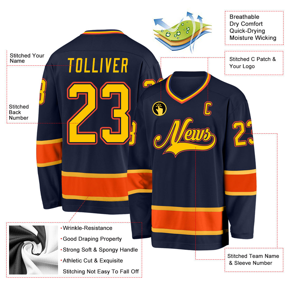 Custom Navy Gold-Orange Hockey Jersey view 2