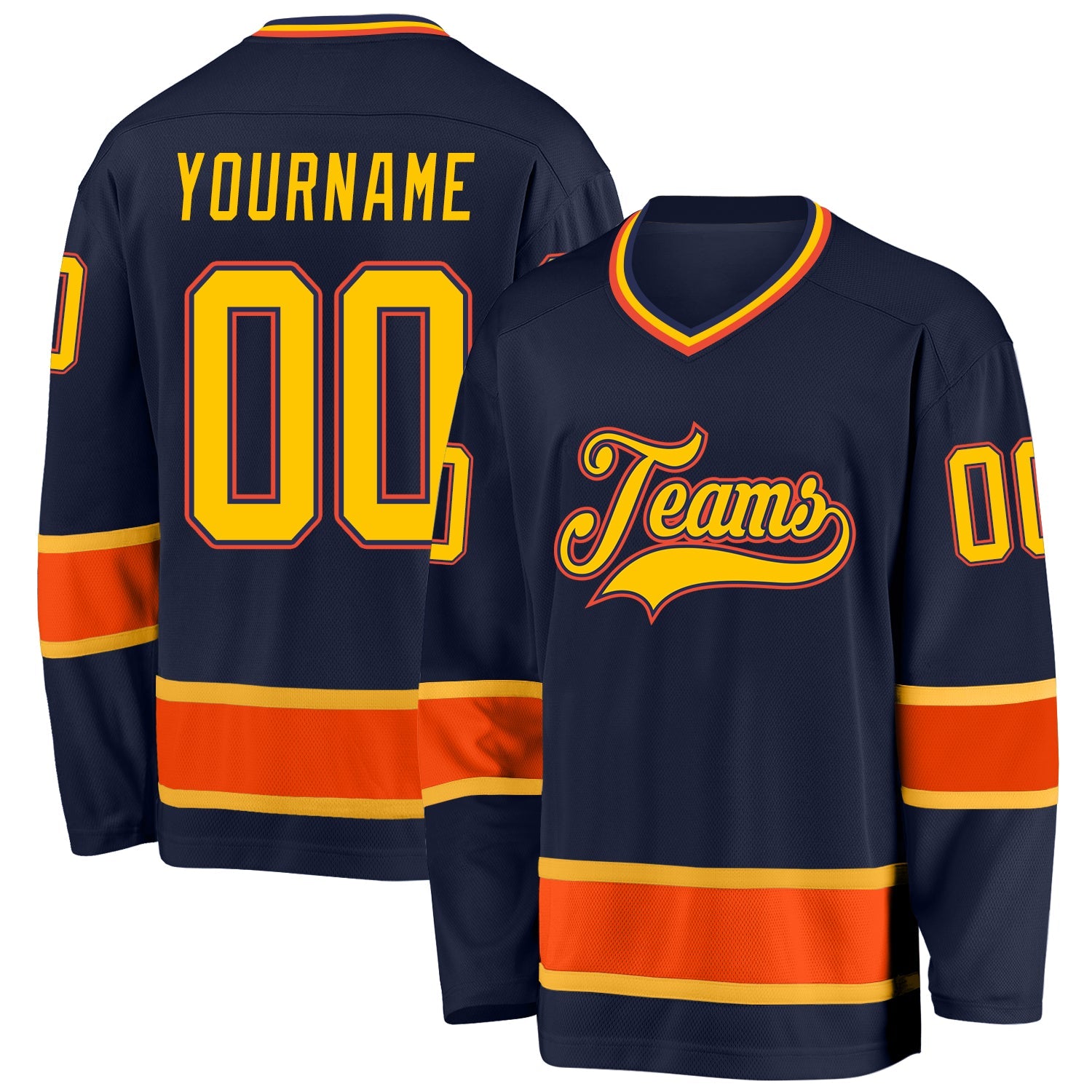 Custom Navy Gold-Orange Hockey Jersey - Main View