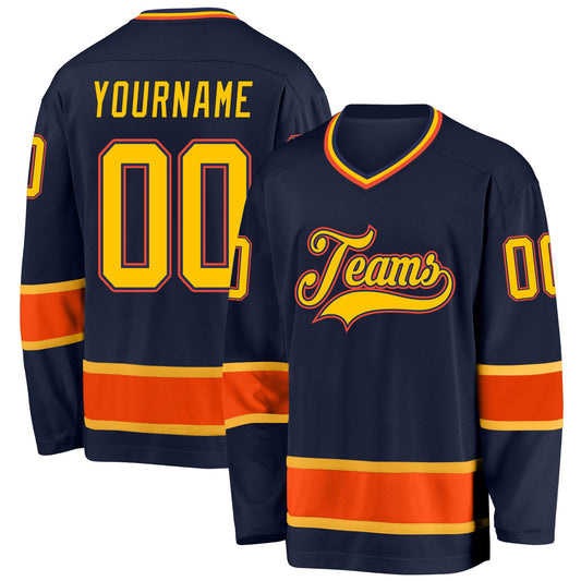 Custom Navy Gold-Orange Hockey Jersey - Main View