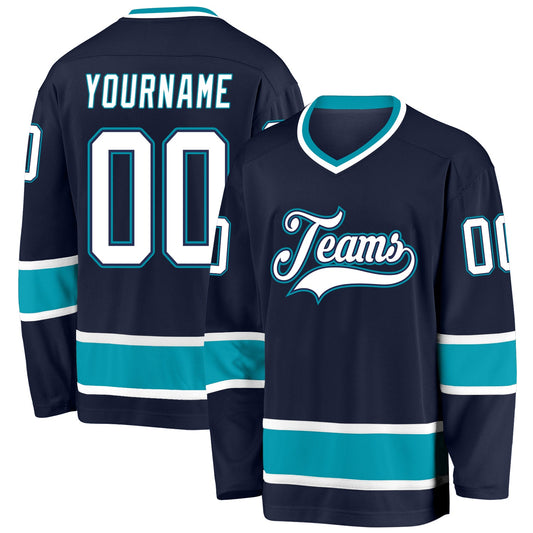 Custom Navy White-Teal Hockey Jersey - Main View