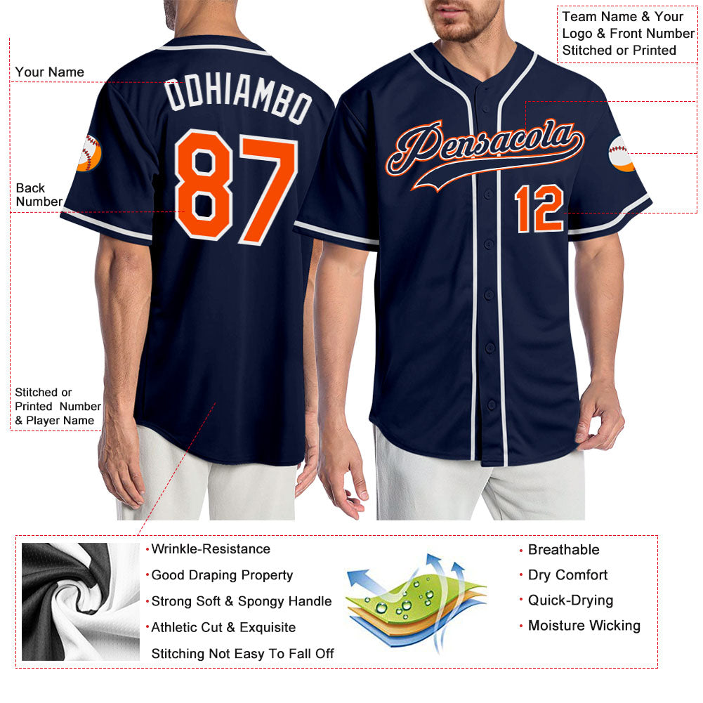 Custom Navy Orange-White Authentic Baseball Jersey view 4