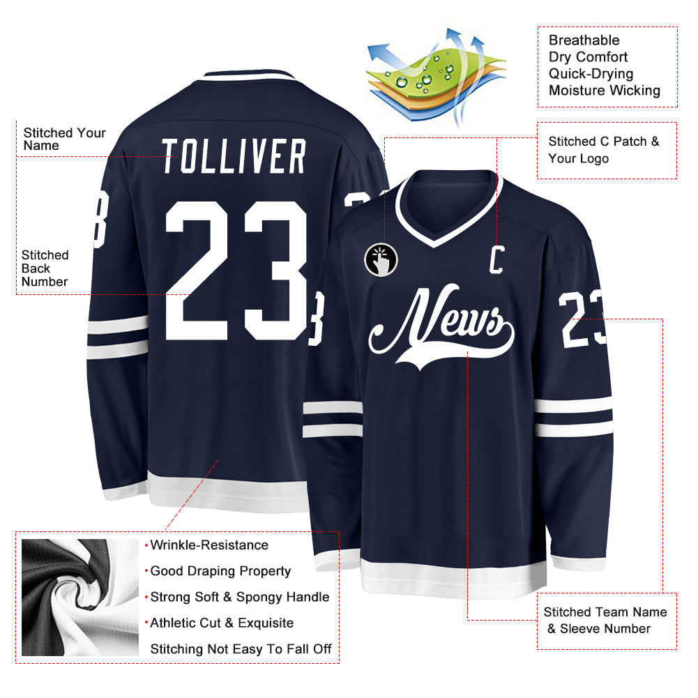 Custom Navy White Hockey Jersey view 2