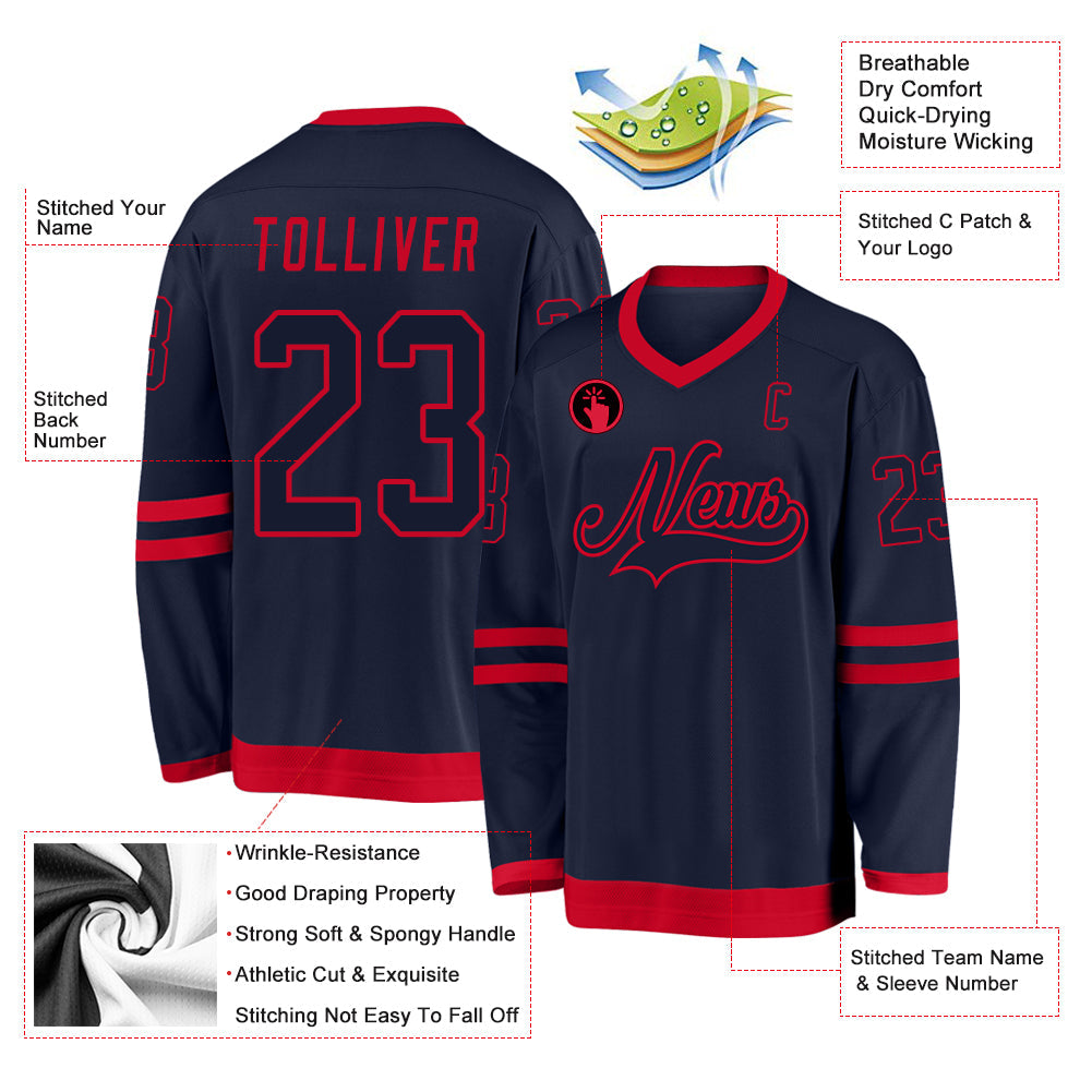 Custom Navy Navy-Red Hockey Jersey view 2