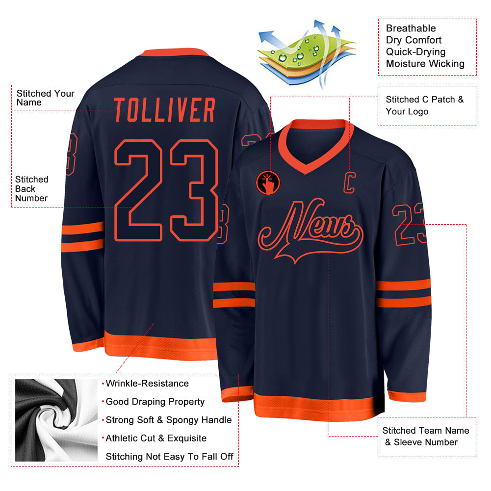 Custom Navy Navy-Orange Hockey Jersey view 2