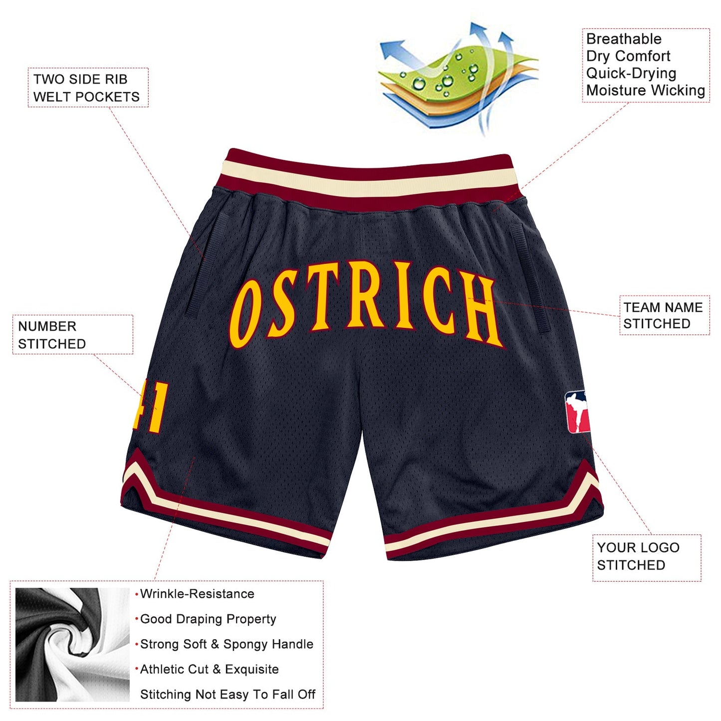 Custom Navy Gold-Maroon Authentic Throwback Basketball Shorts view 2