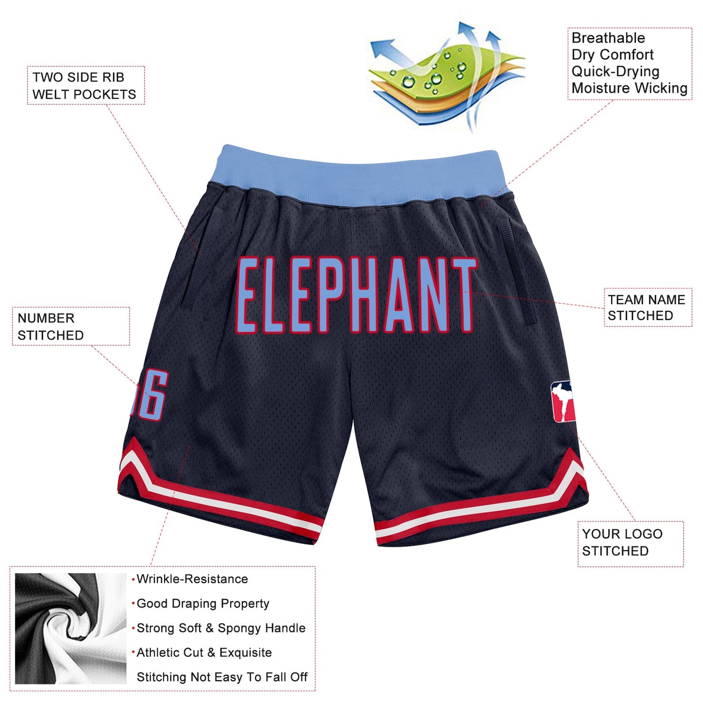Custom Navy Light Blue-Red Authentic Throwback Basketball Shorts view 2