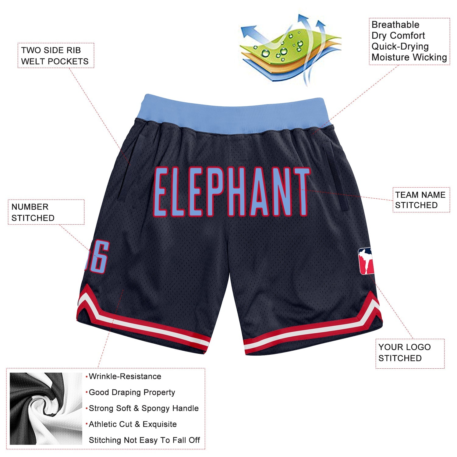 Custom Navy Light Blue-Red Authentic Throwback Basketball Shorts view 2