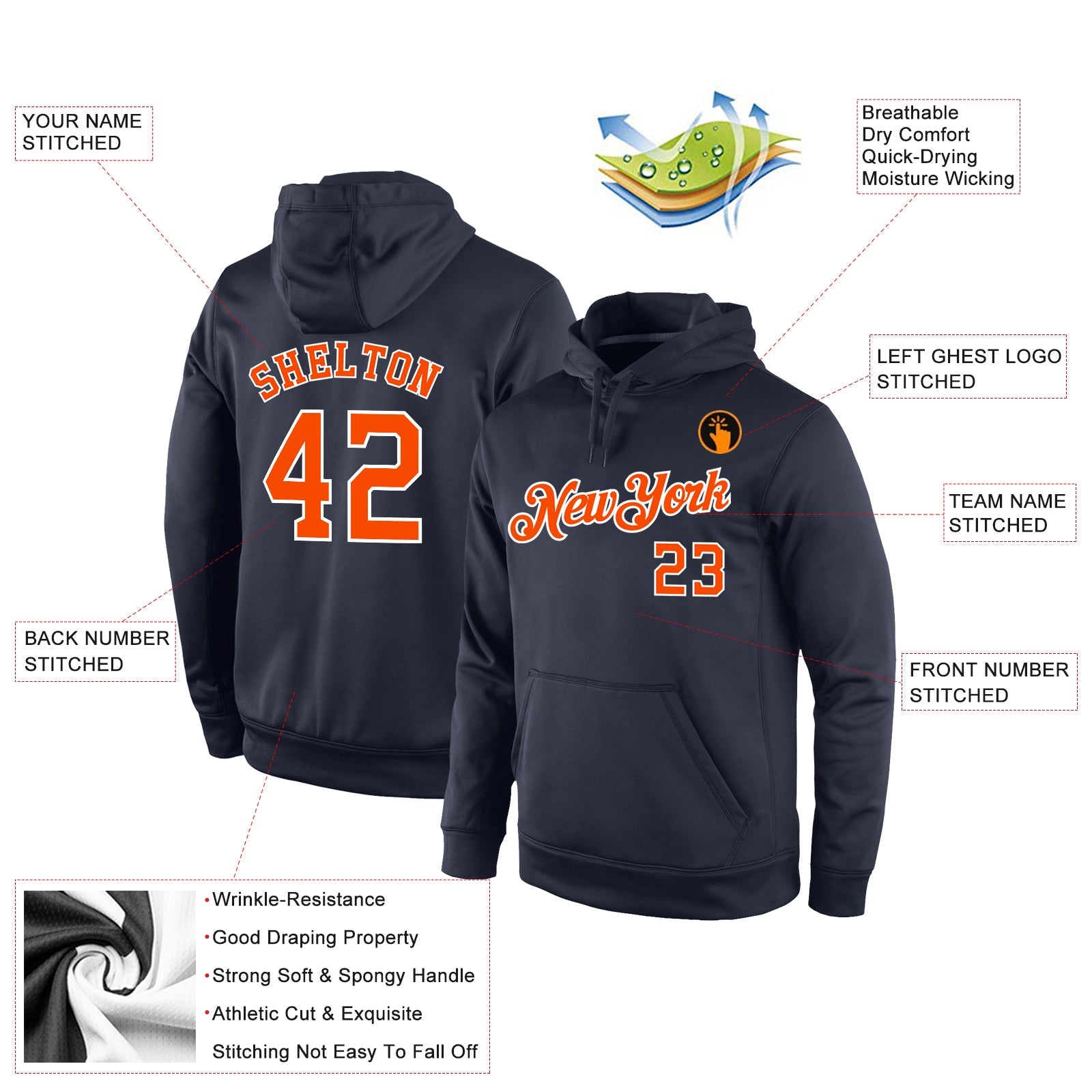 Custom Stitched Navy Orange-White Sports Pullover Sweatshirt Hoodie view 2