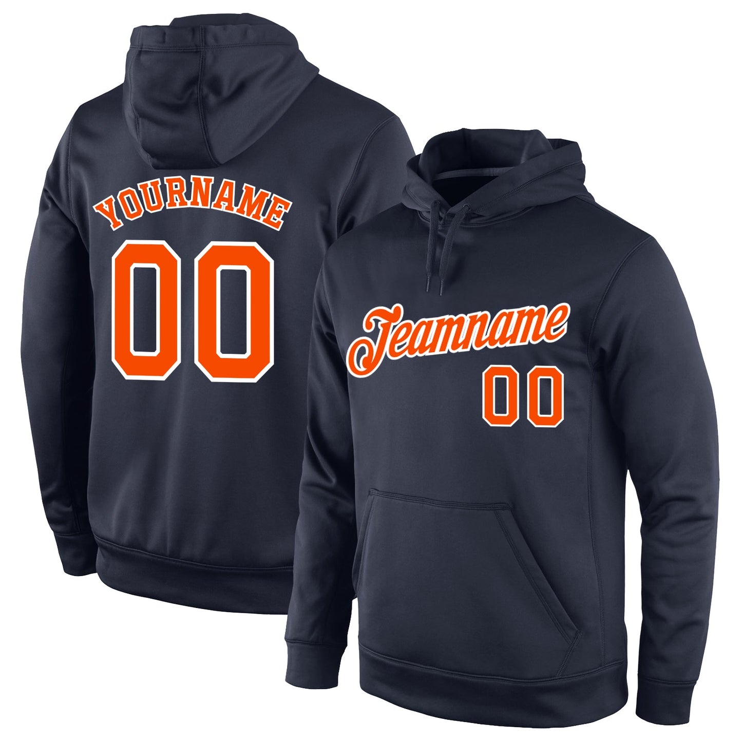 Custom Stitched Navy Orange-White Sports Pullover Sweatshirt Hoodie - Main View