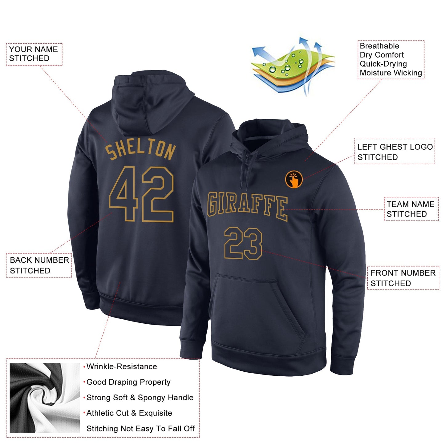 Custom Stitched Navy Navy-Old Gold Sports Pullover Sweatshirt Hoodie view 2