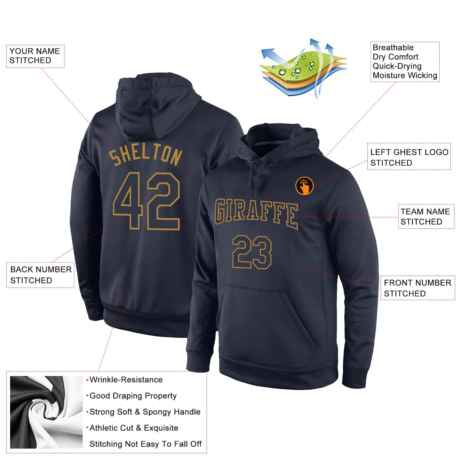 Custom Stitched Navy Navy-Old Gold Sports Pullover Sweatshirt Hoodie view 2