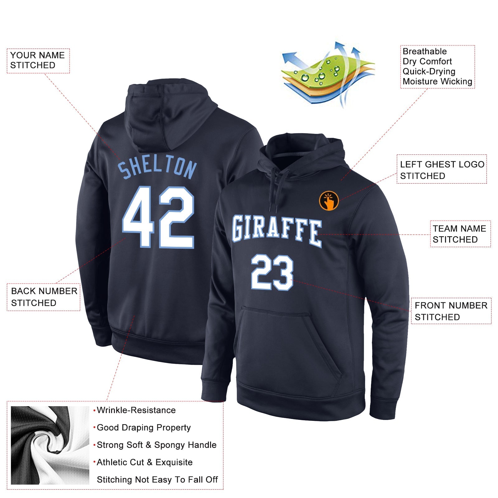 Custom Stitched Navy White-Light Blue Sports Pullover Sweatshirt Hoodie view 2