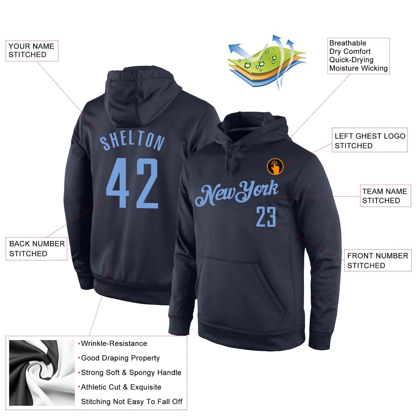 Custom Stitched Navy Light Blue Sports Pullover Sweatshirt Hoodie view 2