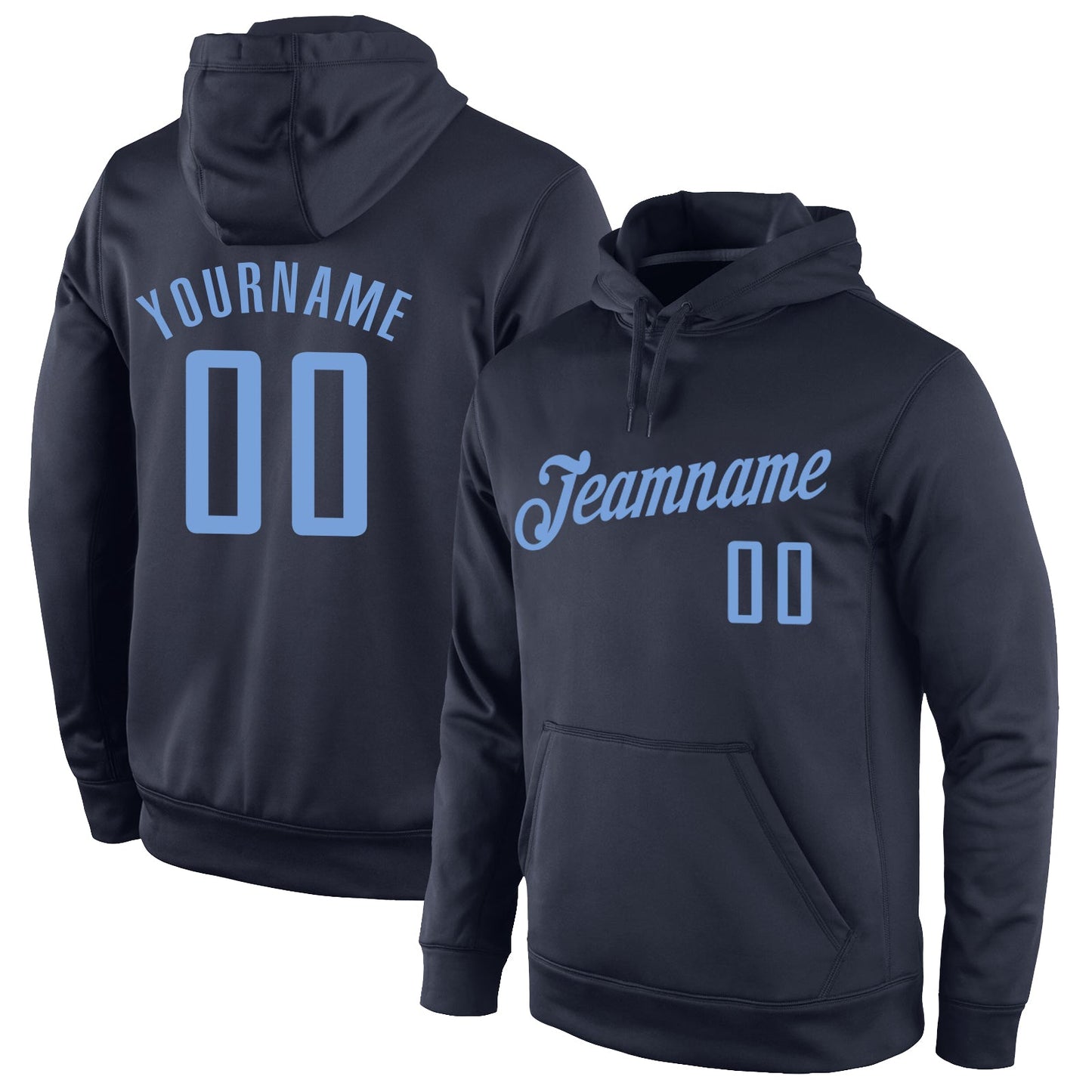 Custom Stitched Navy Light Blue Sports Pullover Sweatshirt Hoodie - Main View